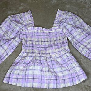 Ganni Ba.A Plaid Check Cotton Balloon Sleeve Purple Blouse Size 38 Barbiegirl